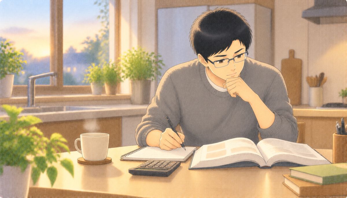 出勤前の早朝、キッチンで簿記の参考書と電卓を前に問題を解く会社員