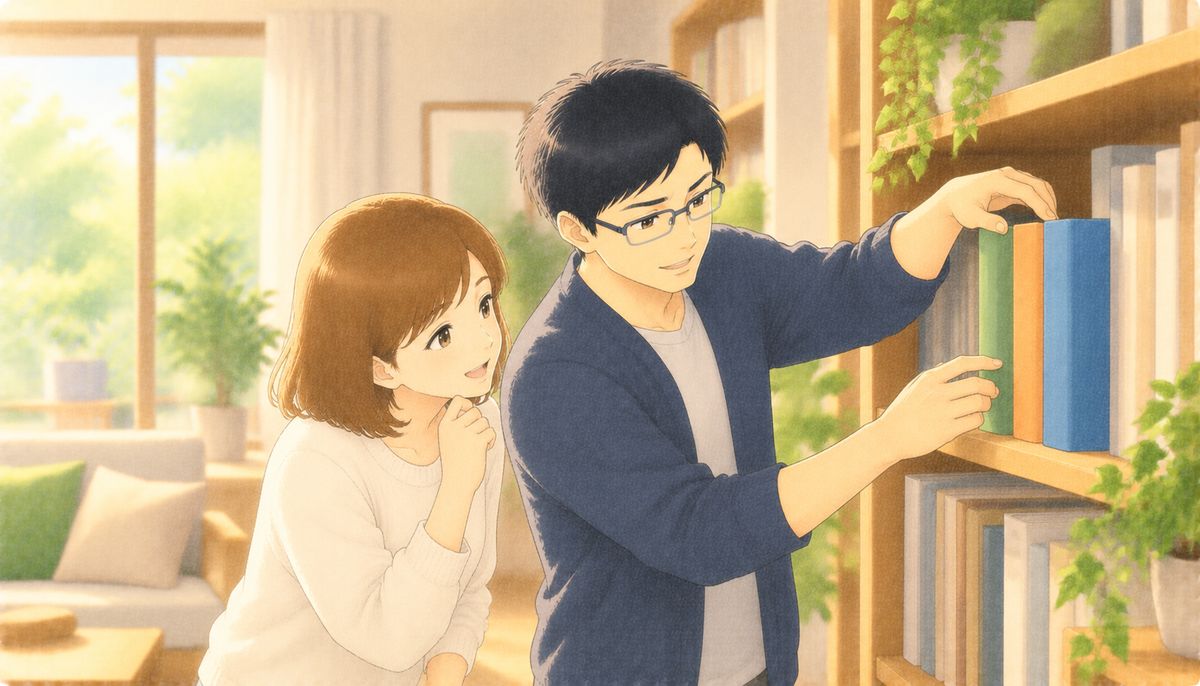 本棚に3冊の参考書を順番に並べながら、妻に説明する夫