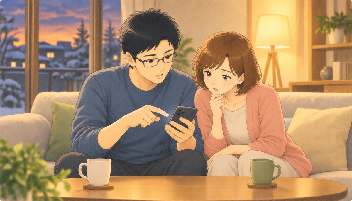 冬の夕方、スマートフォンでボーナスの振込を確かめる夫婦