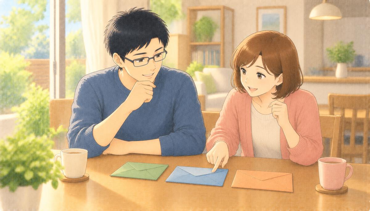 朝の食卓で、色の違う3つの封筒を前にボーナスの使い道を話し合う夫婦
