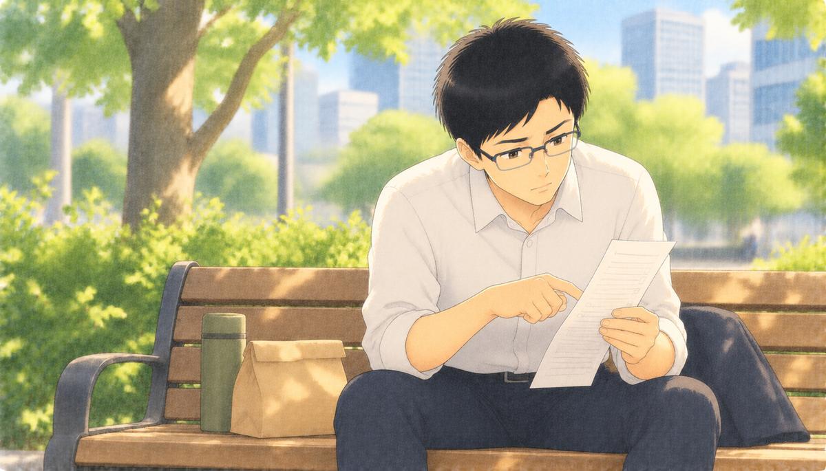 昼休みの公園のベンチで、給与明細の行を指でたどって支援金を探す会社員