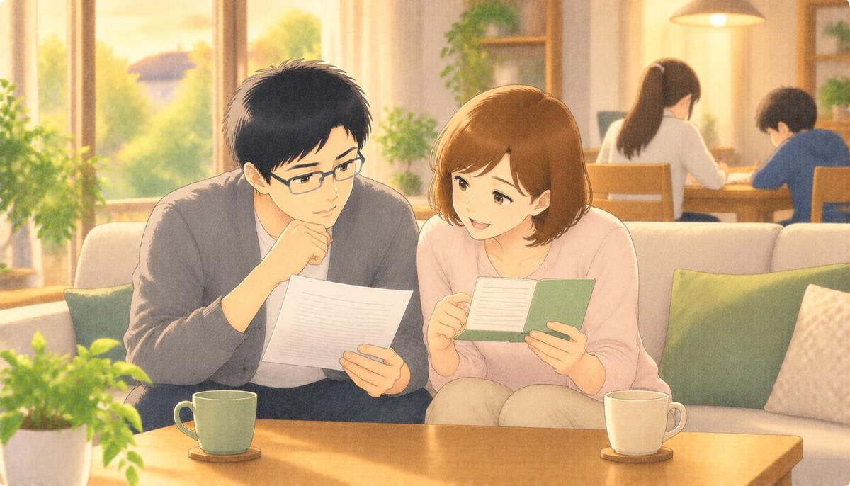 休日のリビングで、夫婦が通帳と明細を見比べ、後ろで高校生と中学生の子が勉強している
