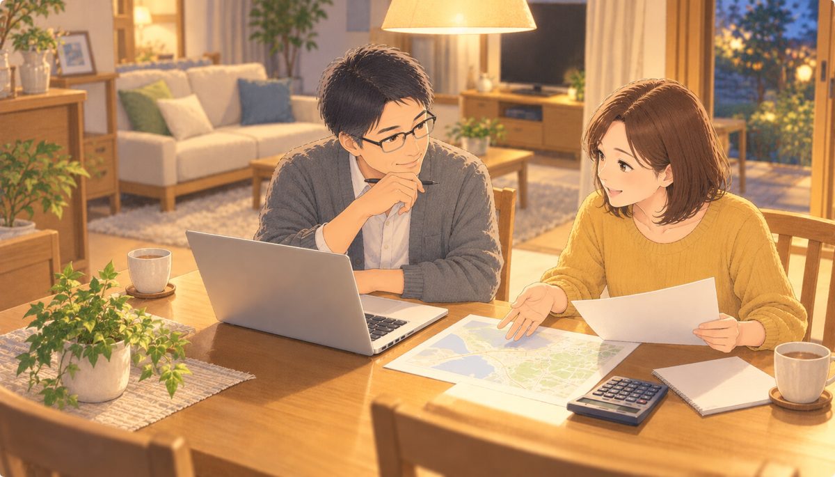夜のダイニングで、地図と電卓とノートパソコンを前に話し合うきょうだいの水彩イラスト