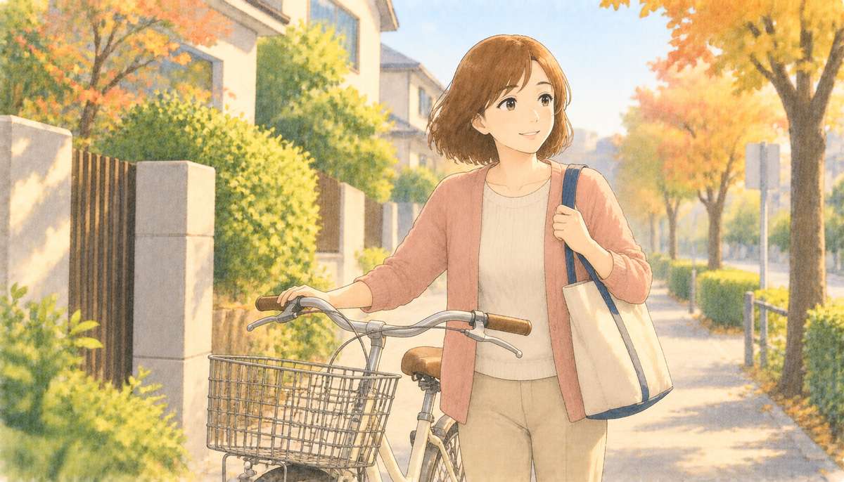 秋の朝、自転車を押してパートの仕事に向かう女性