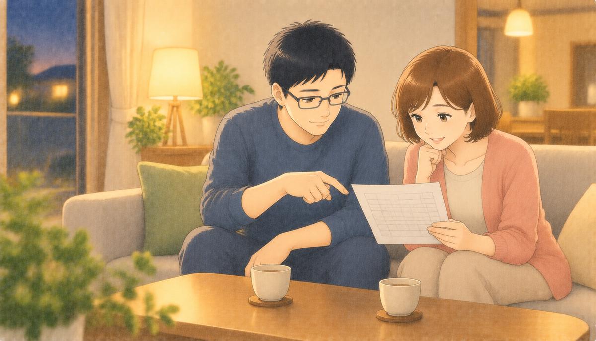 夜のリビングで、シフト表を見ながら働き方を話し合う夫婦