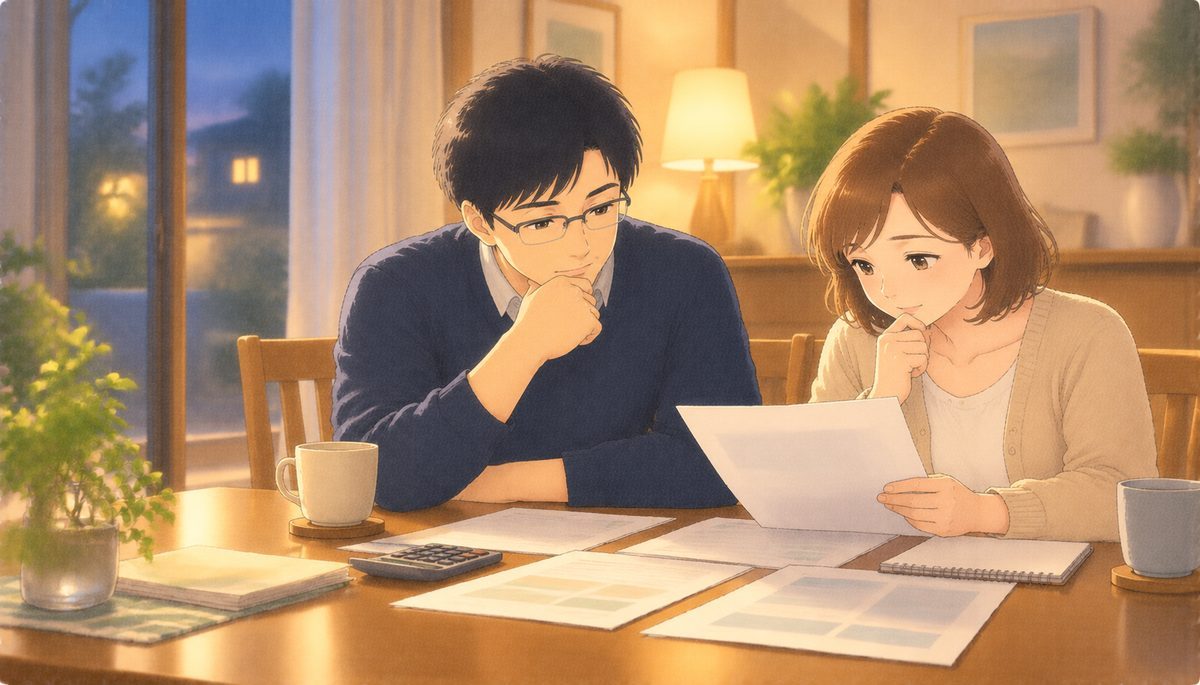 夜のダイニングで、保険証券を広げて考える夫婦の水彩イラスト