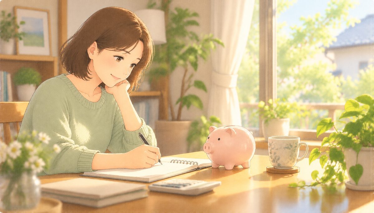 朝の窓辺で家計簿をつけながら微笑む女性と豚の貯金箱の水彩イラスト