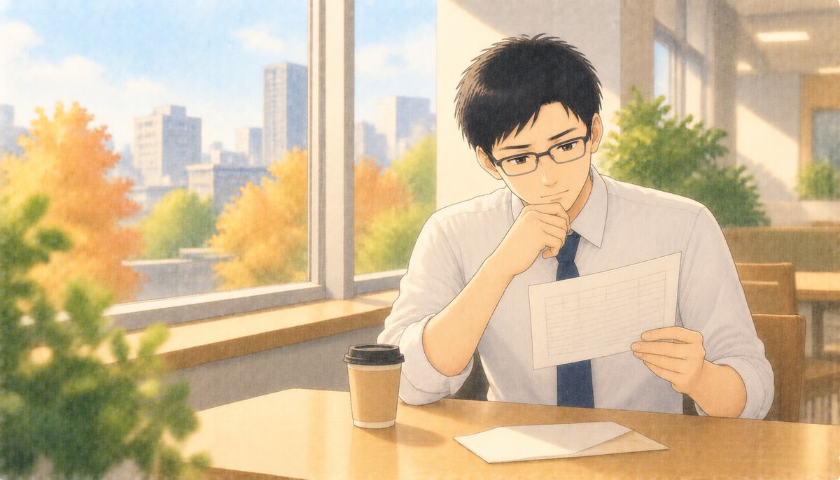 昼休み、給与明細を手に首をかしげる会社員