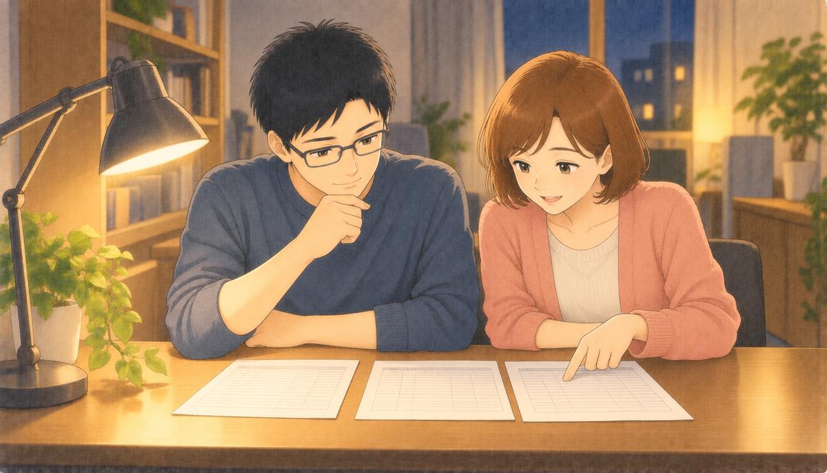 夜、机に給与明細を3枚並べて見比べる夫婦