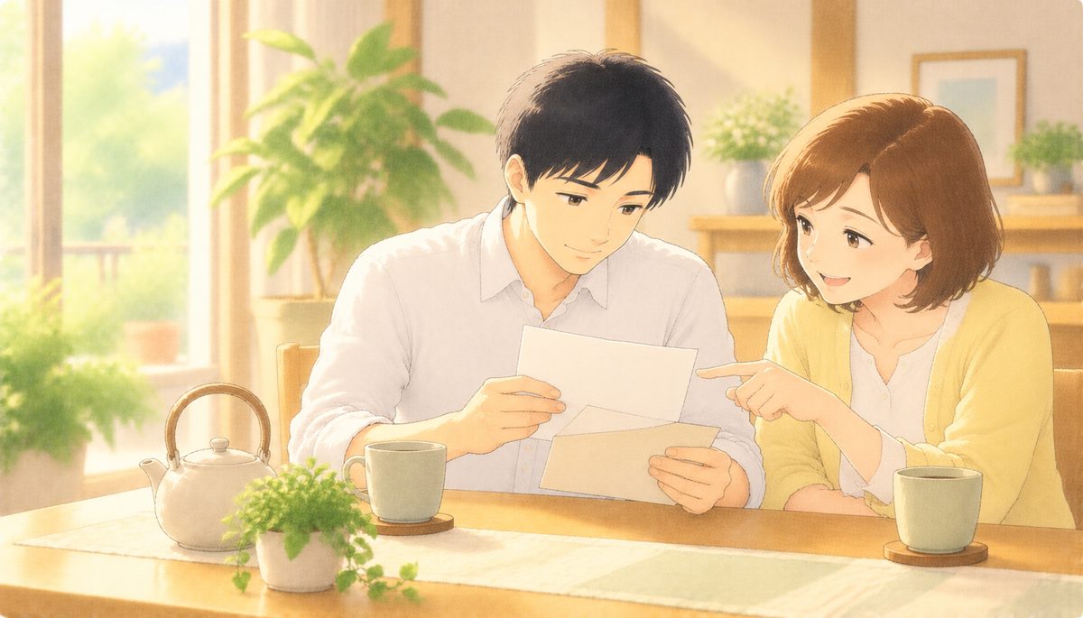 ダイニングで親子が一緒に通知の手紙を開いて読む水彩イラスト