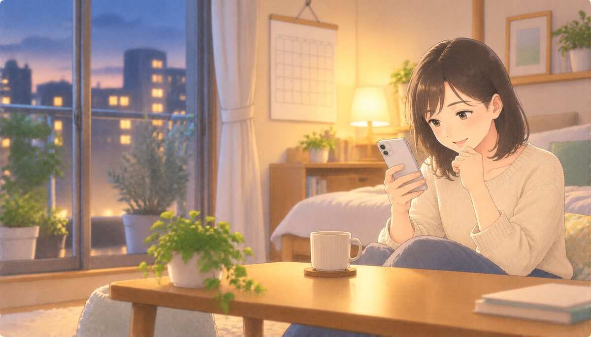 夜の部屋でスマートフォンで口座の残高を確かめて安心する若い女性の水彩イラスト