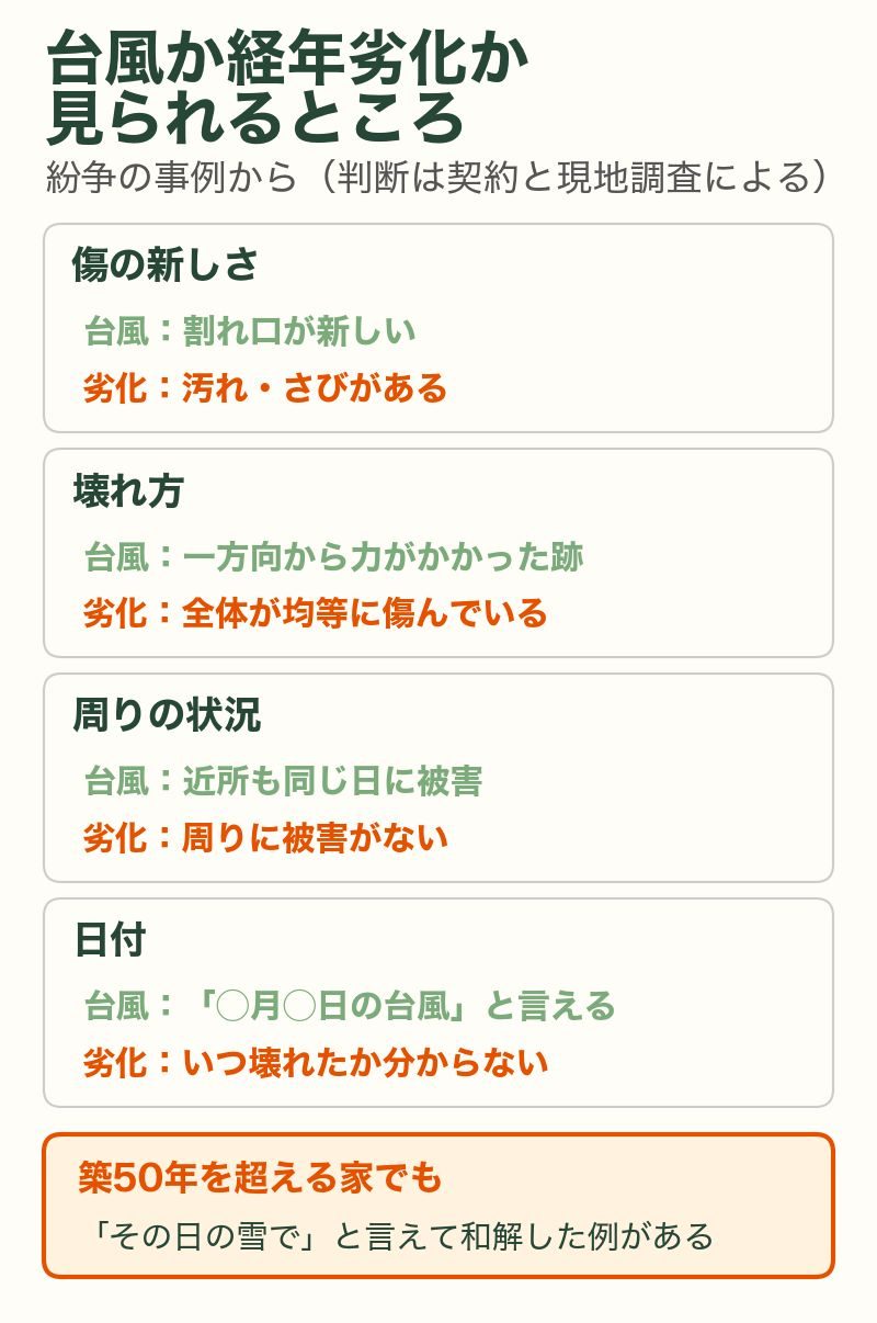 台風か経年劣化かで見られるところ：傷の新しさ、壊れ方、周りの状況、日付。築50年を超える家でも和解した例がある