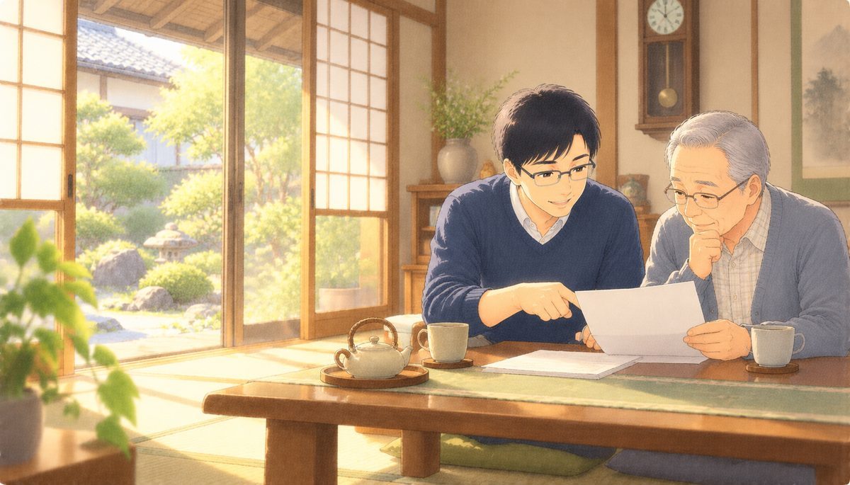実家の和室で、息子と年配の父が一緒に保険証券を確かめる水彩イラスト