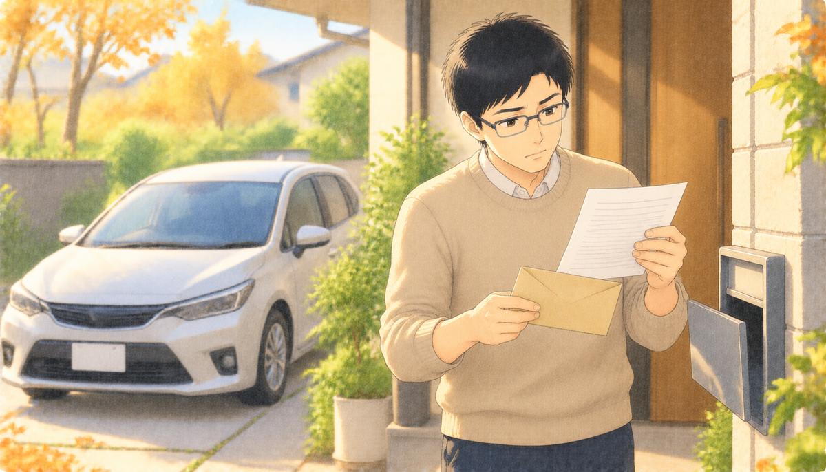 秋の朝、玄関先で届いた自動車保険の更新案内を見て眉を寄せる会社員