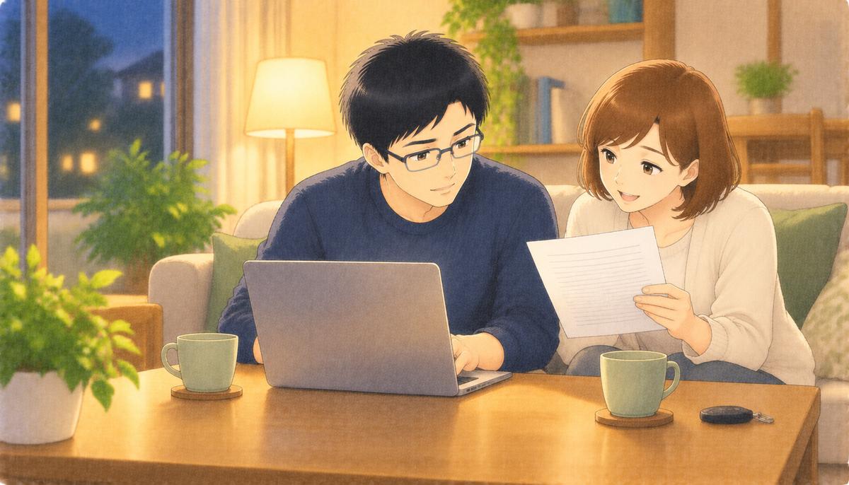 夜のリビングで、夫婦が保険証券を読み上げながらパソコンで見積もりを入力する
