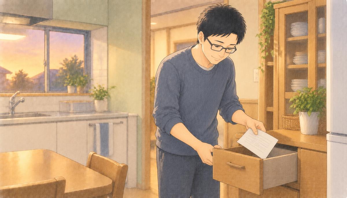 銀行から届いた通知を、ほっとした表情で台所の引き出しにしまうパパ