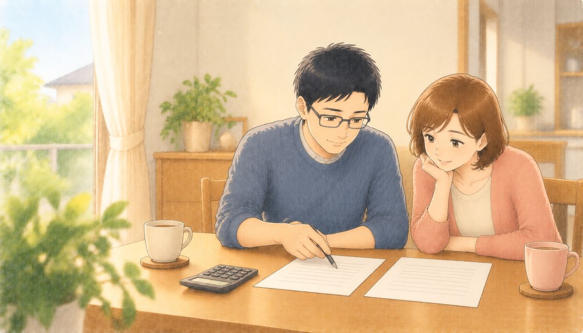 朝の食卓で、残高証明書と返済予定表の2枚を並べて見比べる夫婦