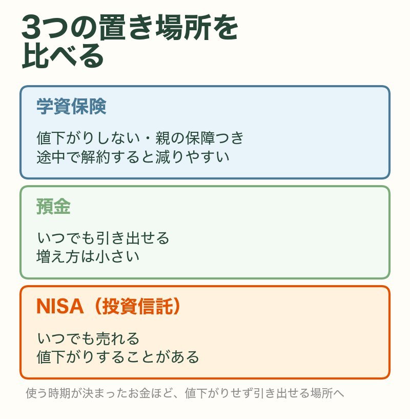 3つの置き場所の比べ方:学資保険は値下がりしないが途中解約で減りやすく親の保障つき、預金はいつでも引き出せるが増え方は小さい、NISAはいつでも売れるが値下がりすることがある