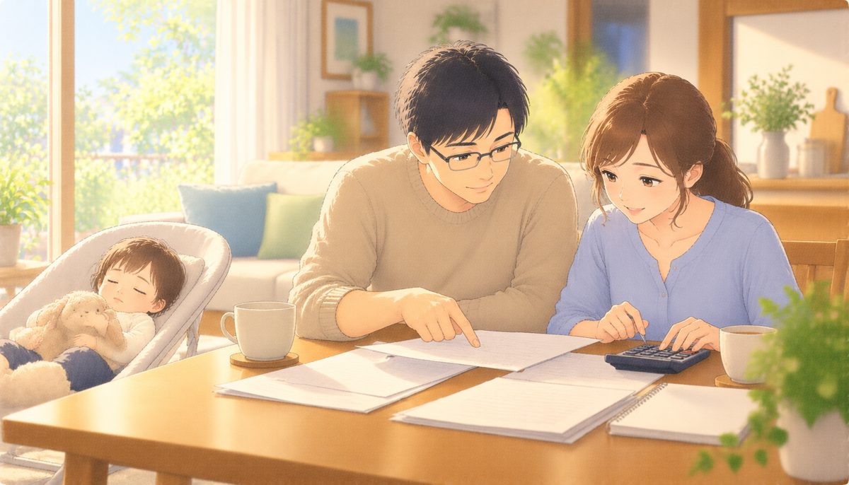 休日の朝、ダイニングで書類と電卓を見ながら話す夫婦と、そばで眠る幼い子どもの水彩イラスト