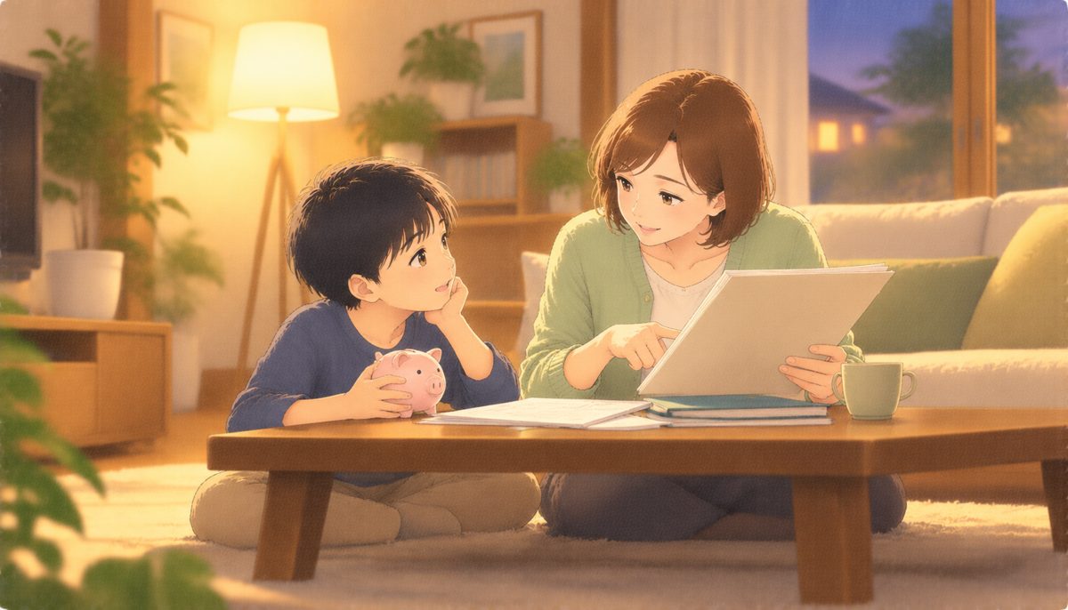 夜のリビングで、書類を見せながら話す母親と、豚の貯金箱を持って聞く小学生の息子の水彩イラスト