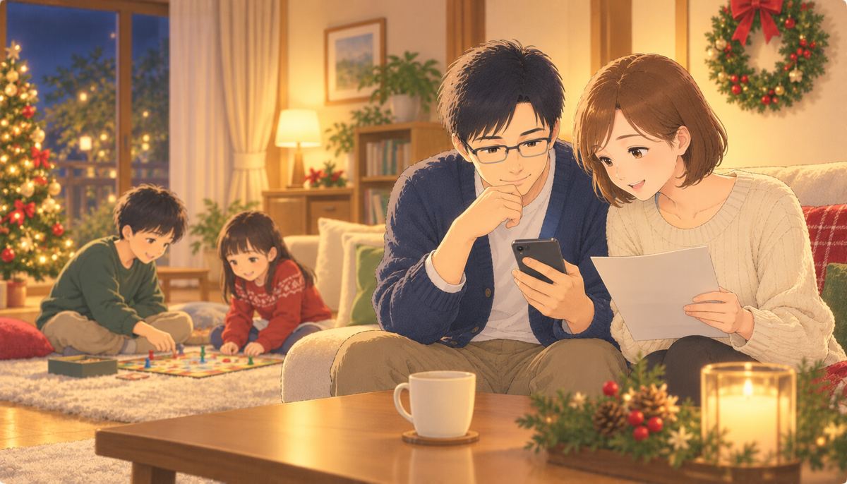12月の夜、リビングでスマホと書類を見ながら話す夫婦と、奥でボードゲームをする小学生の子ども2人の水彩イラスト
