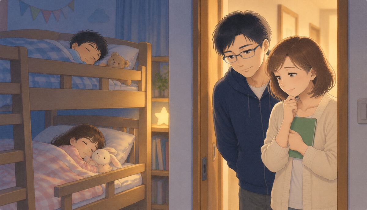 夜、子ども部屋で眠る兄妹を見守りながら、通帳を抱えて教育費を考える夫婦