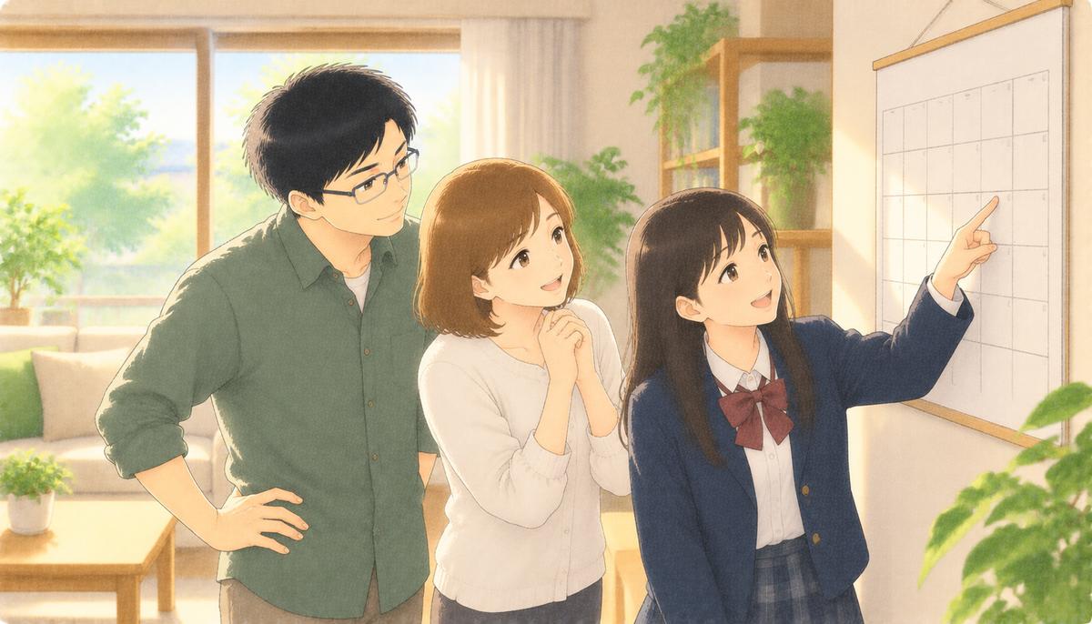 週末のリビングで、中学生の娘がカレンダーを指さしながら両親と将来の話をする