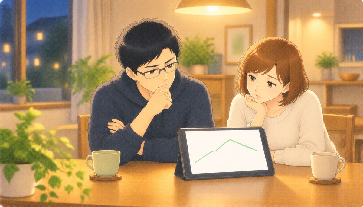 夜のダイニングで、タブレットのグラフを見ながら取り崩し方を考える夫婦