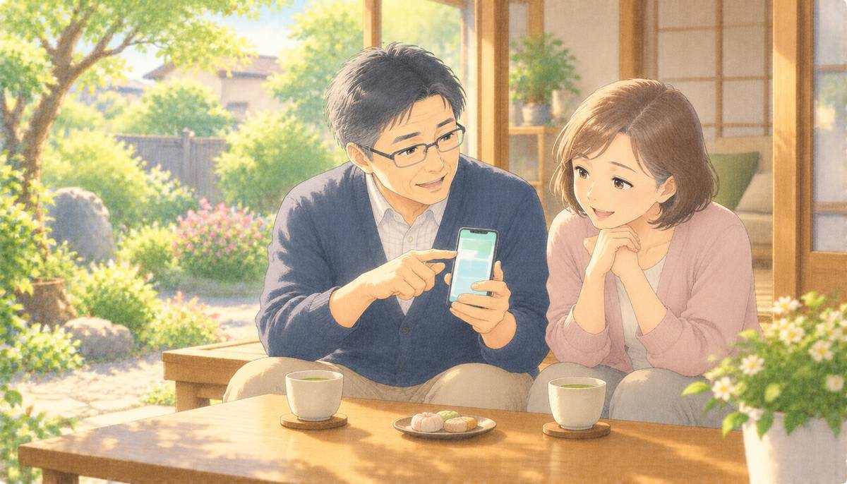 60代の夫婦が縁側で、スマホの定期売却の設定を見ながら安心して話す