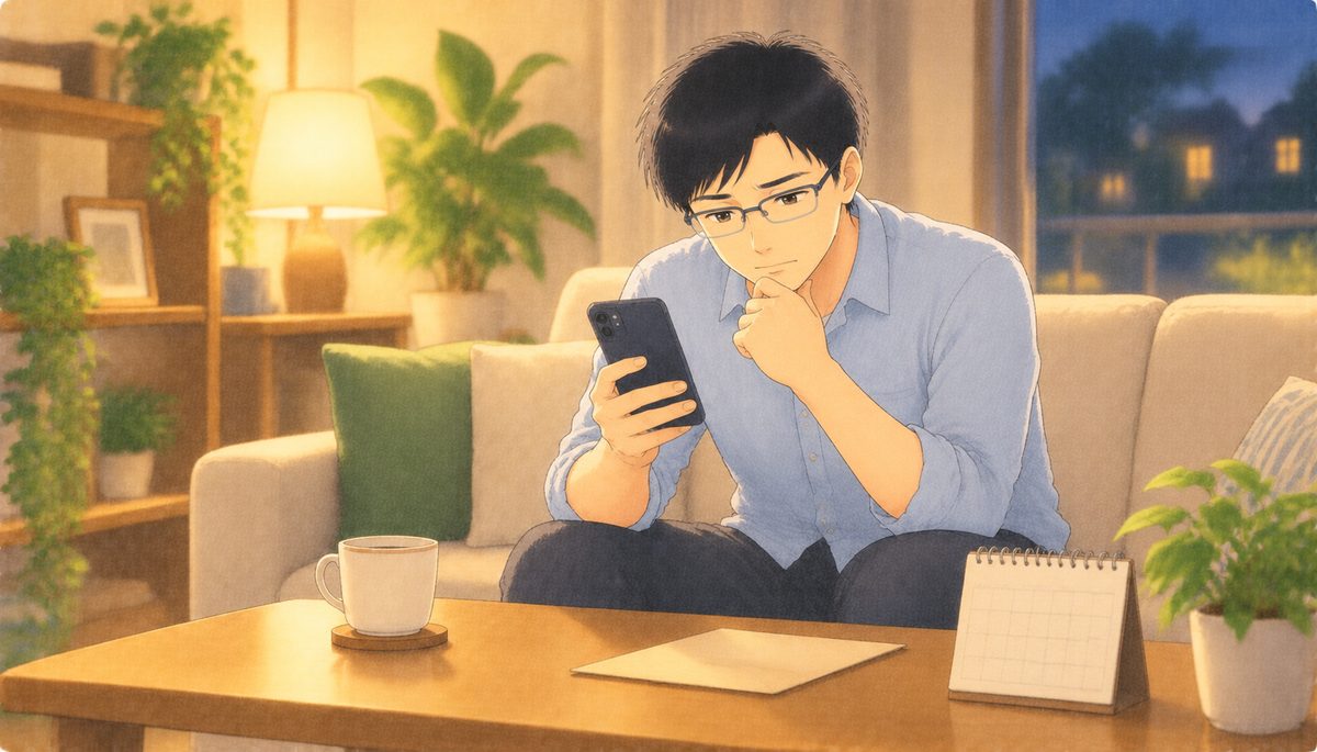 夜のリビングでスマートフォンのニュースを見ながら考える会社員の水彩イラスト