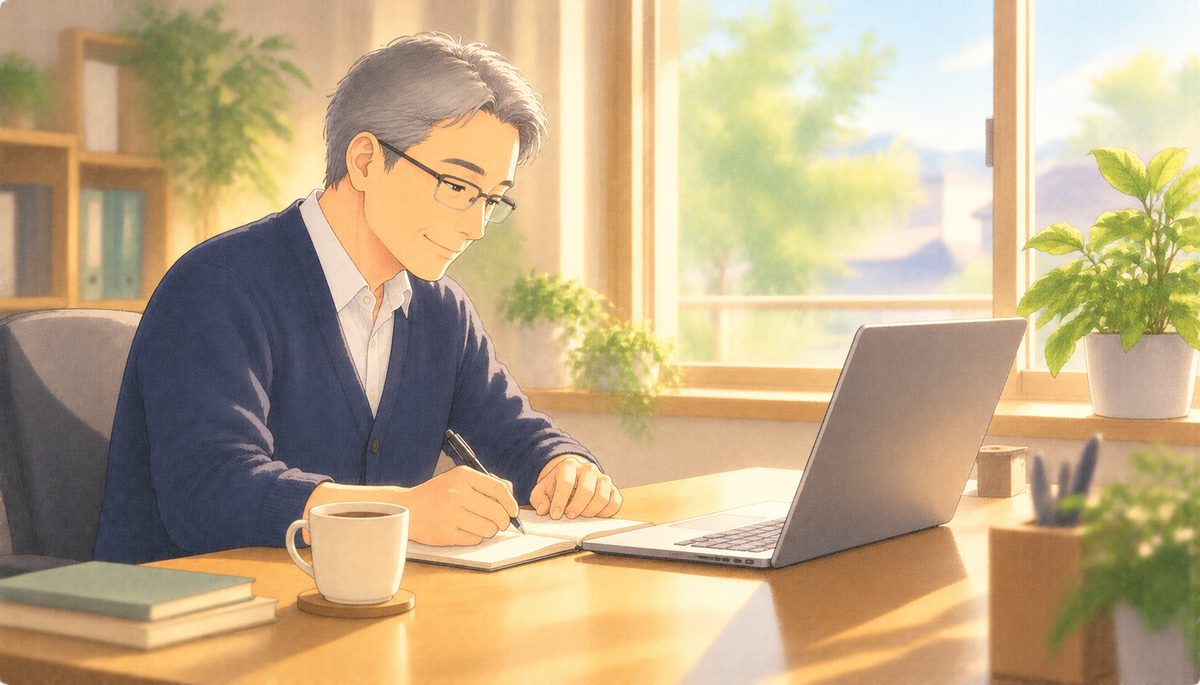 朝の窓辺の机でノートに書き込みながら働く60代の男性の水彩イラスト