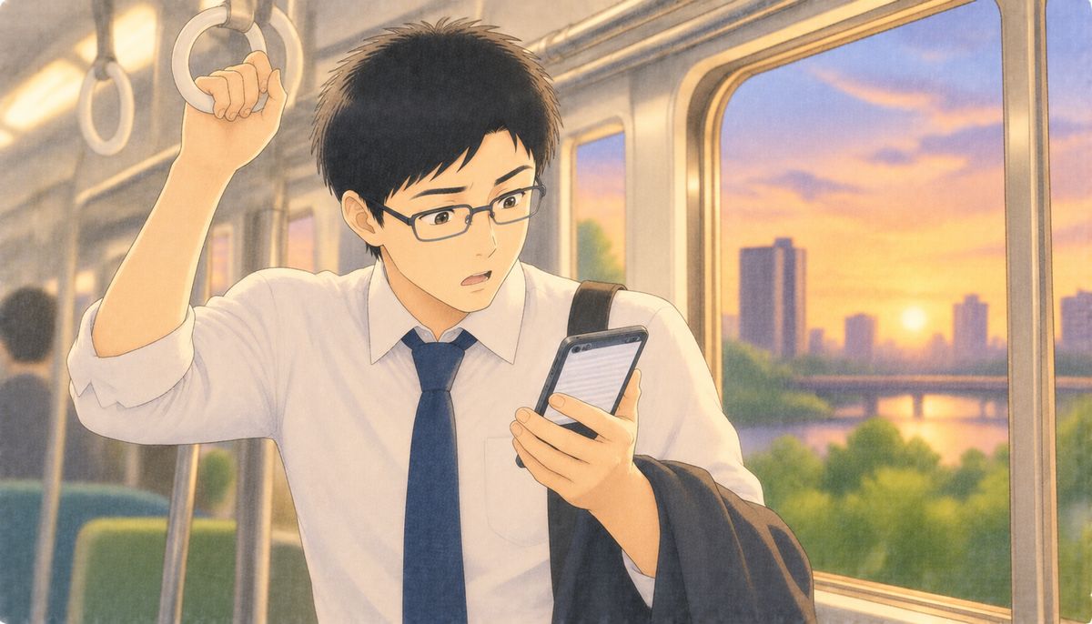 6月の帰りの電車で、スマホの給与明細を見て住民税が上がっていることに驚く会社員