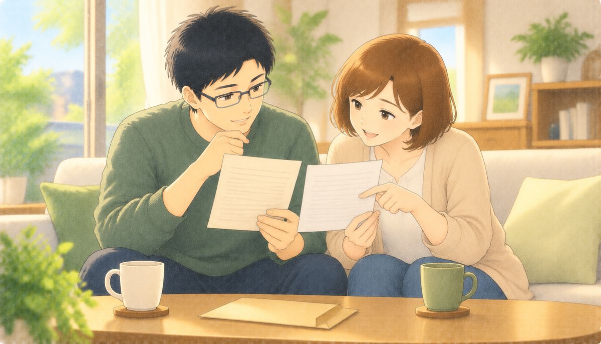 休日の朝、ソファで去年と今年の住民税の通知を見比べる夫婦
