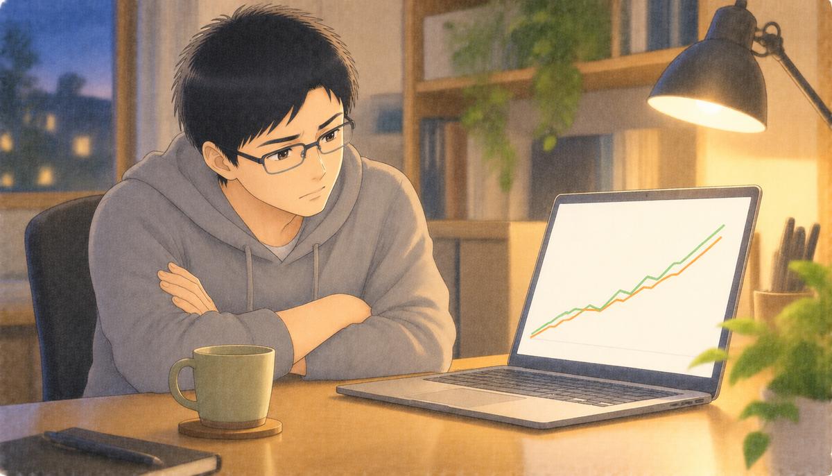夜、パソコンの画面でほとんど重なる2本のグラフを見ながら考えこむ会社員