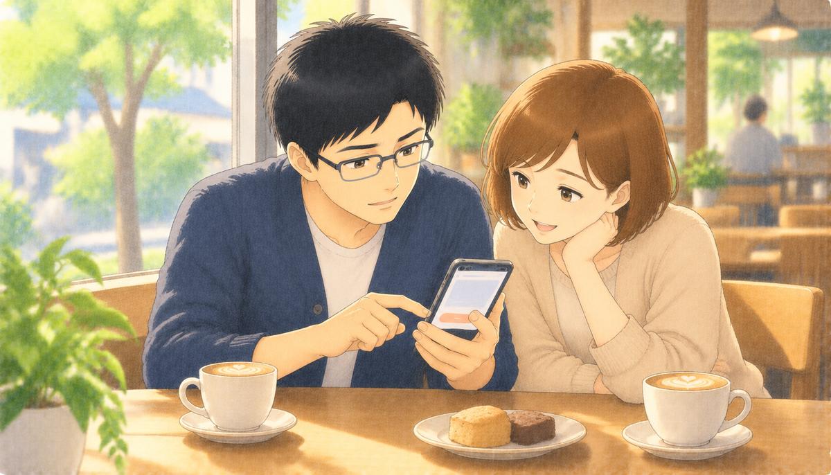 休日のカフェで、夫婦が1台のスマホで積立の設定画面を一緒に見る