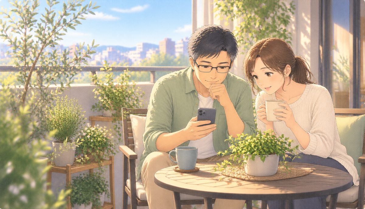 休日の朝、ベランダでスマホを見ながら話す夫婦の水彩イラスト