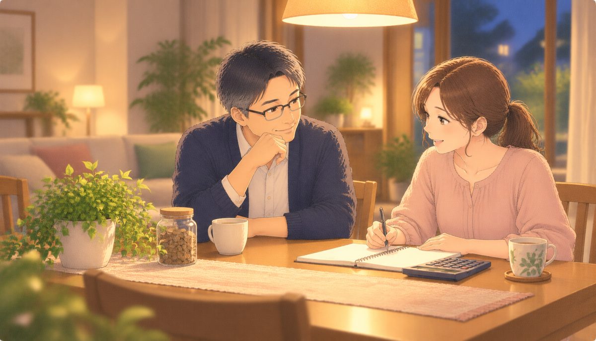 夜のダイニングでノートと電卓を前に、配当の使い道を話し合う夫婦の水彩イラスト
