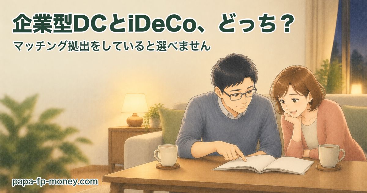 リビングで年金の冊子を一緒に見ている40代夫婦の水彩イラスト
