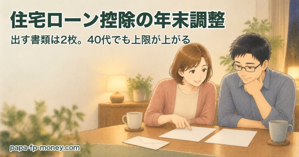 ダイニングテーブルで年末調整の書類2枚を一緒に確認する40代の夫婦の水彩イラスト