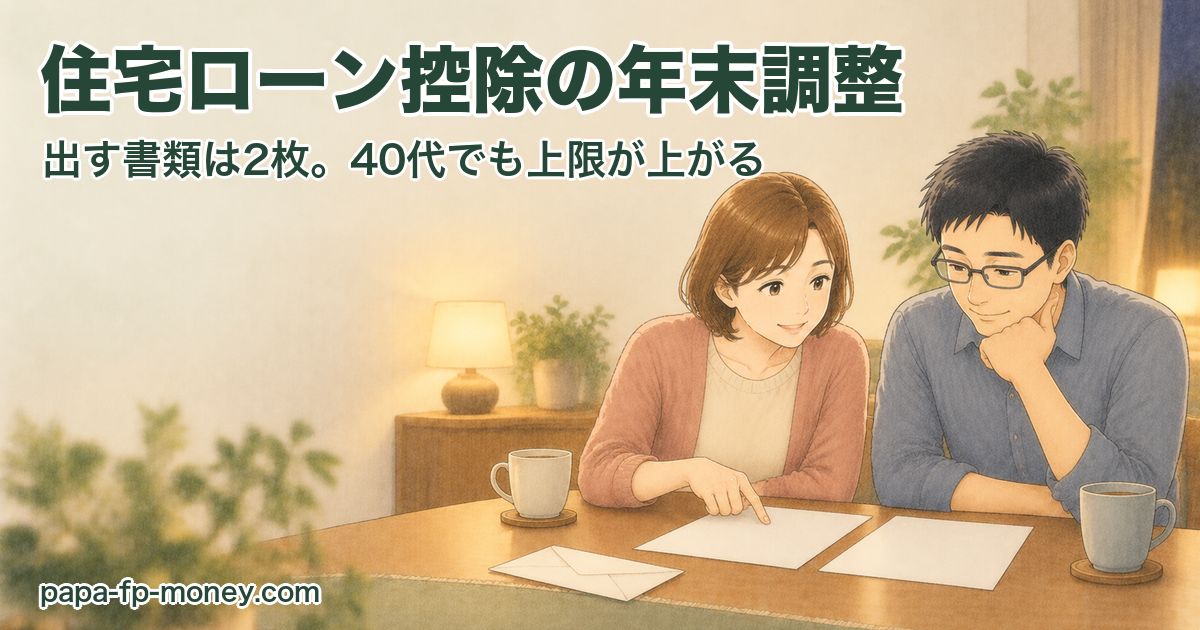 ダイニングテーブルで年末調整の書類2枚を一緒に確認する40代の夫婦の水彩イラスト